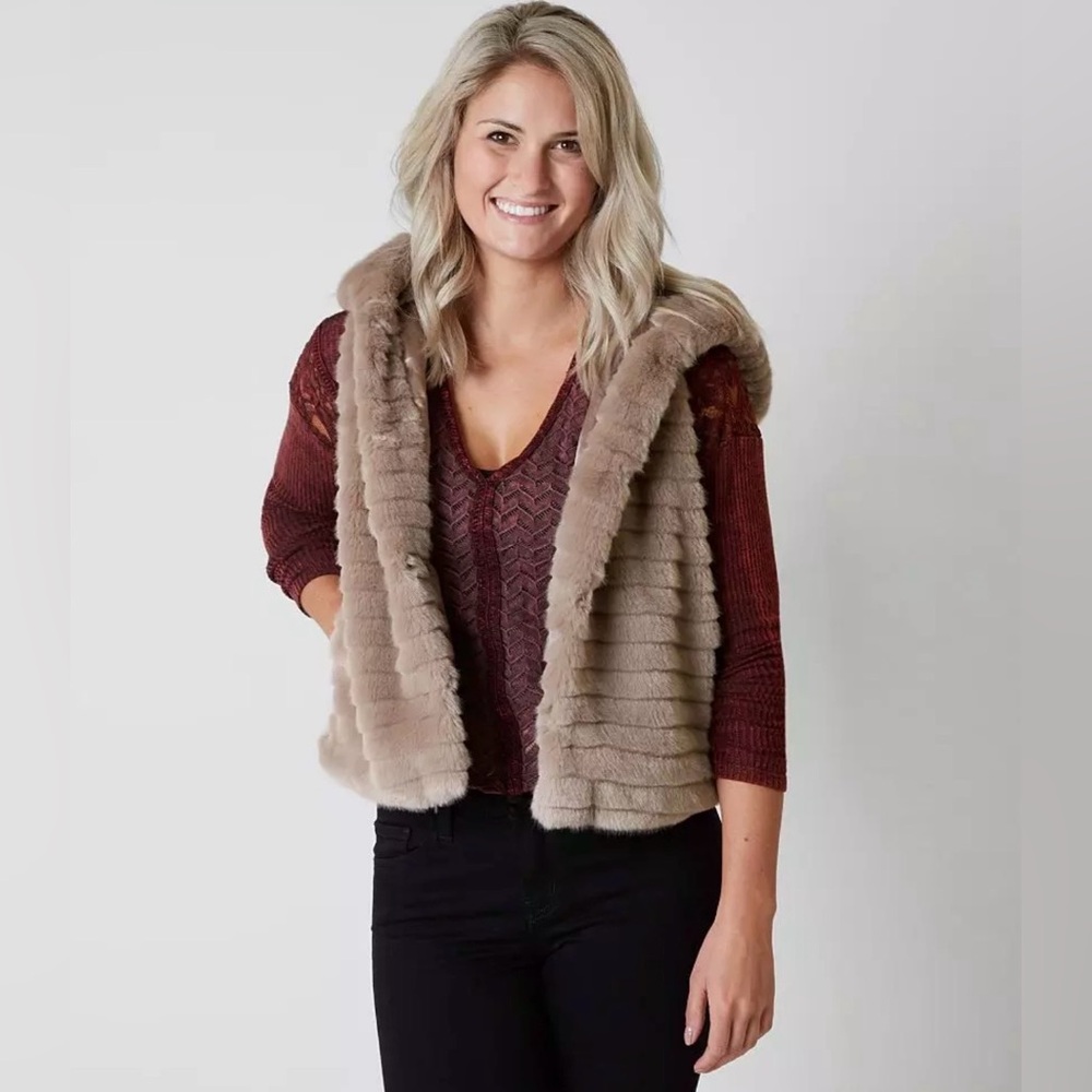 Pink + Sophie Women’s Hooded Faux Fur Vest Gray Size Small NEW